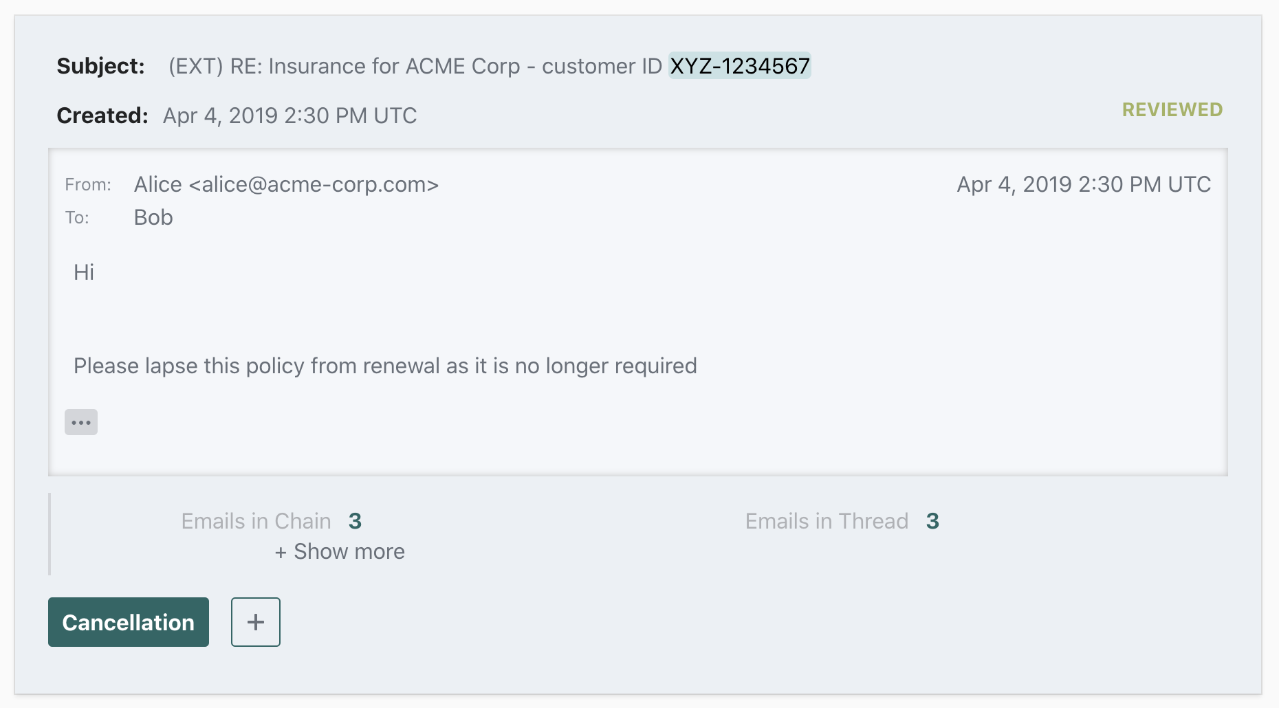 Reviewed comment with assigned "Cancellation" label and extracted "Customer ID" entity
